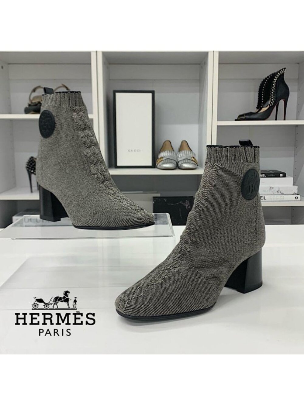 Hermes Volver Knit Ex-Libris Short Boots Gray